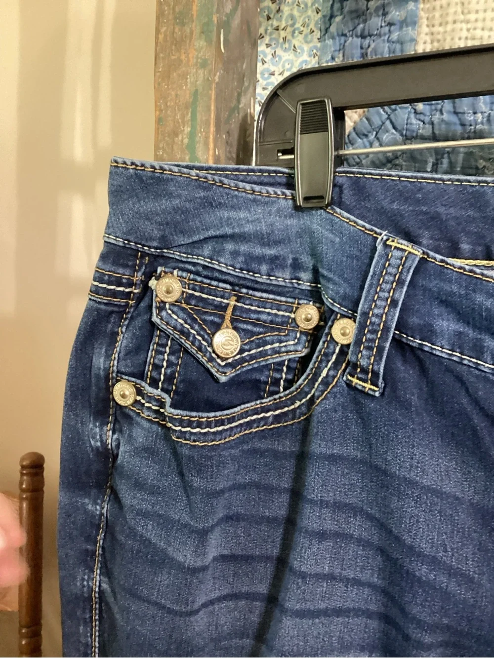Seven7 Women's Dark Blue Flare Leg Jeans with Embroidered Pockets - Picture 5 of 13